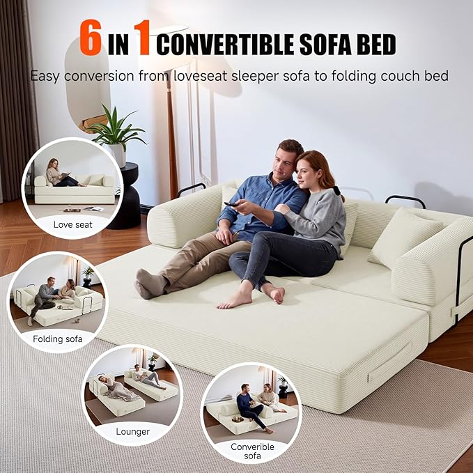 79" Compressed Sofa, Convertible Sofa Bed, Corduroy Compression Boneless Couch with Pillow, Comfy Modular Foldable Floor Sleeper Sofa for Bedroom, Living Room, Lounge, Studio (White)