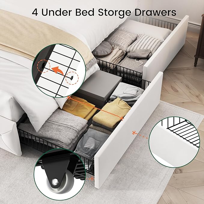LARMACE Full Size Bed Frame with 4 Storage Drawers and 47.2" Tall Wingback Headboard Velvet Upholstered Platform Bed Frame Tufted Beds with Wooden Slats Support, Easy Assembly, White