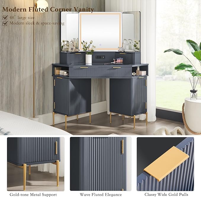 T4TREAM Corner Vanity Desk with Mirror and Lights, 48" Modern Fluted Makeup Vanity with Glass Top, 3-Panel Lighted Mirror & Charging Outlet, Dressing Table with 3 Drawers & 2 Cabinets, Dark Grey