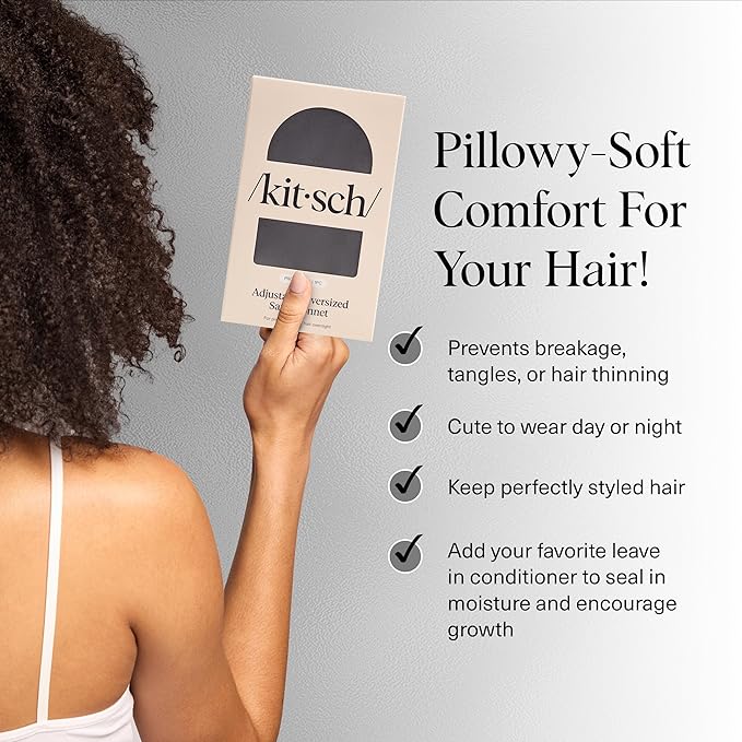 Kitsch XLサテンボンネット 就寝用 - 睡眠中の女性向けシルクより柔らかいボンネット - しっかりフィット、調節可能、夜間用キャップ 巻き毛・くせ毛用 - 切れ毛、絡まり、薄毛を防ぐ - チャコール