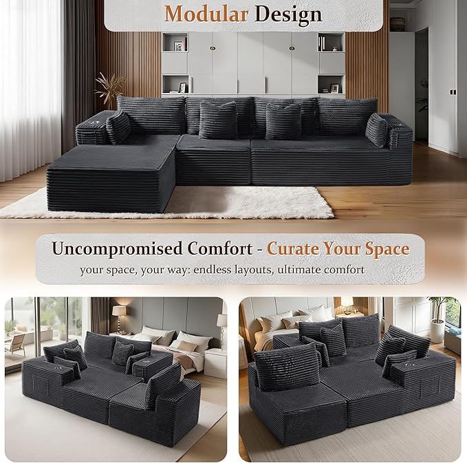 138" Oversized Cloud Sectional Couch, Comfort L Shaped Boneless Couch for Living Room, Extra Deep Seats No Assembly, Minimalist Modular Sofa, Corduroy (Dark Grey, 3 Seater+Right Facing Chaise)