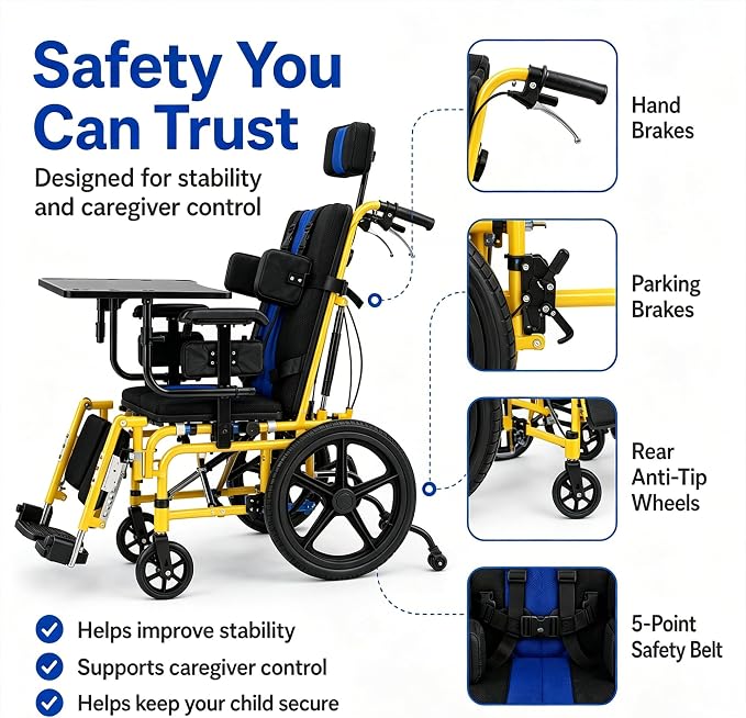Pediatric Full Reclining Wheelchair - Heavy Duty 220 lbs Capacity Folding Kids Wheelchair with Elevating Footrest, Headrest & Meal Tray, Portable Mobility Aid for Children with Special Needs (Yellow)