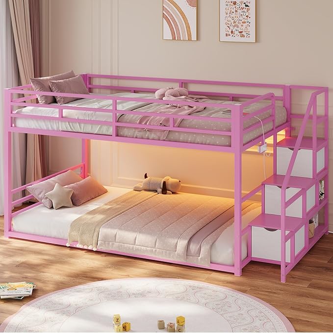 ADORNEVE Low Bunk Bed Twin Over Twin with Storage Stairs, Drawers & Shelves, RGB LED Lights Metal Floor Bunk with Power Outlet, Full-Length Guardrail & Metal Slats, for Small Space, Kids, Pink