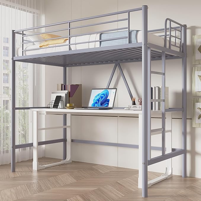 VECELO Loft Bed Twin Size, Metal Bedframe with Removable Ladder and Safety Guardrail, No Box Spring Needed, Space Saving, Noise Free, Light Grey