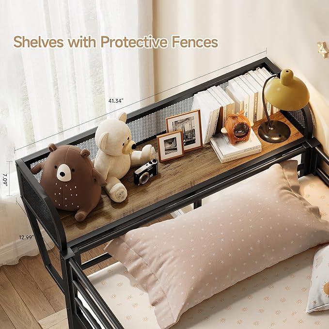 Bunk Bed Twin Over Twin, Metal Bunk Beds with Power Outlets & Desk, Heavy-Duty Bunkbeds Frame with Safety Guardrail & Ladders, Upper Bed with Storage Rack, No Box Spring Needed, for Juniors, Black