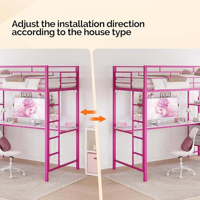 VINGLI Full Metal Loft Bed Frame with L-Shaped Desk, 15 Inches Guardrail, Non-Slip Ladder, 2 Charging Stations, 4 Drawers/Storage Shelves/LED Lights, for Kids Teens Adults, No Box Spring Needed, Pink