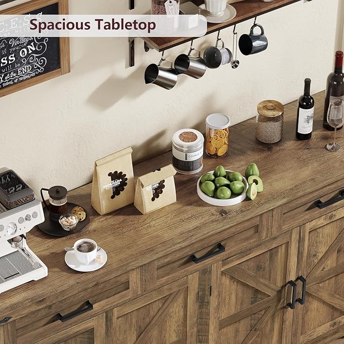 usikey 61" Large Buffet Cabinet with 4 Doors and 3 Drawers, Farmhouse Buffet Sideboard Cabinet with Storage, Coffee Bar Wine Bar for Living Room, Honey Brown