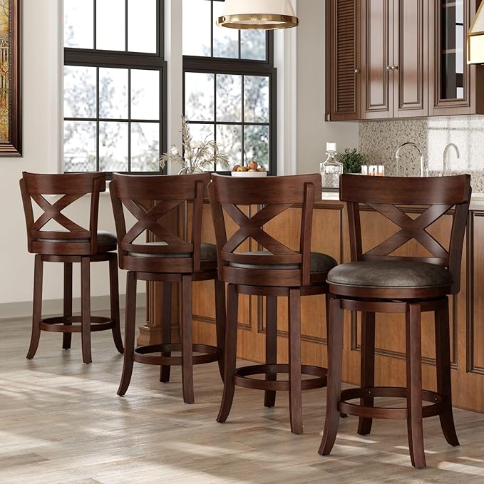 Sophia & William Swivel Bar Stools Set of 4, 26 Inch Counter Height Barstools with Cross Back & Solid Wood Legs,Modern Faux Leather Bar Chairs for Kitchen Island