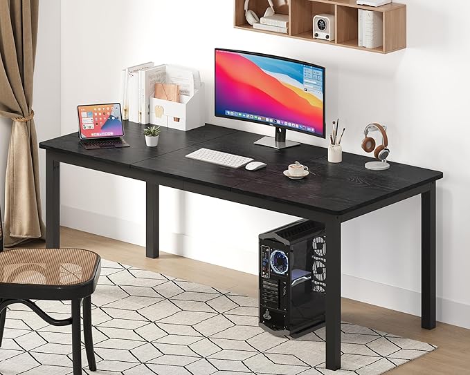 GarveeHome 70.8 in Industrial Dining Table for 6, Wooden Long Dinner Table with Mortise Tenon Design, Kitchen Table with Sturdy Metal Legs, for Dining Room Home Office Living Room, Black