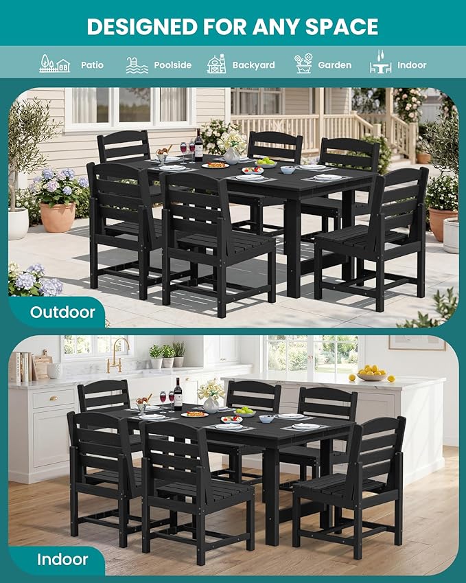 SERWALL Patio Dining Sets for 10 Person, HDPE Dining Set with 2 Tables, 8 Armless Chairs and 2 Armed Dining Chairs, Black