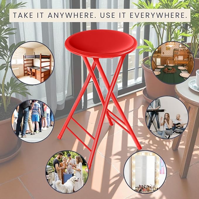 Lavish Home Folding Stool - Set of 2 Counter Height Bar Stools – 24-Inch Backless Folding Chairs with 225lb Capacity for Kitchen, Rec Room, or Game Room (Red)