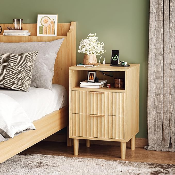 VINGLI Fluted Nightstand with Charging Station, Wood Nightstand with 2 Drawers Night Stand for Bedroom, Fluted Bedside Table/End Table/Side Table with Pine Wood Legs, Oak, 15.75" W*15.55" D*23.62" H