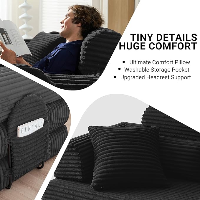78.8" Convertible Sofa Bed with High Backrest Headrest, 5-in-1 Corduroy Boneless Couch with Side Pocket, Sleeper Loveseat Couch Bed Sectional Couches for Living Room, No Assembly, Black