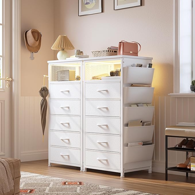 EnHomee Tall Nightstand with 5 Drawers, Night Stand with Charging Station and LED Light, Bedside Table with Extra Side Bag & Hooks, Dorm, Bedroom, Closet, Hallway, Entryway, Save Space, White