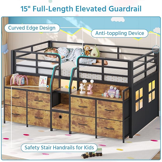 Dnxao Low Loft Bed Twin Size with 9 Drawers and Bookcase, Metal Twin Bed Frames for Kids with Under-Bed Play Space, LED Lights and Charging Station Bedroom Storage, Vintage Brown