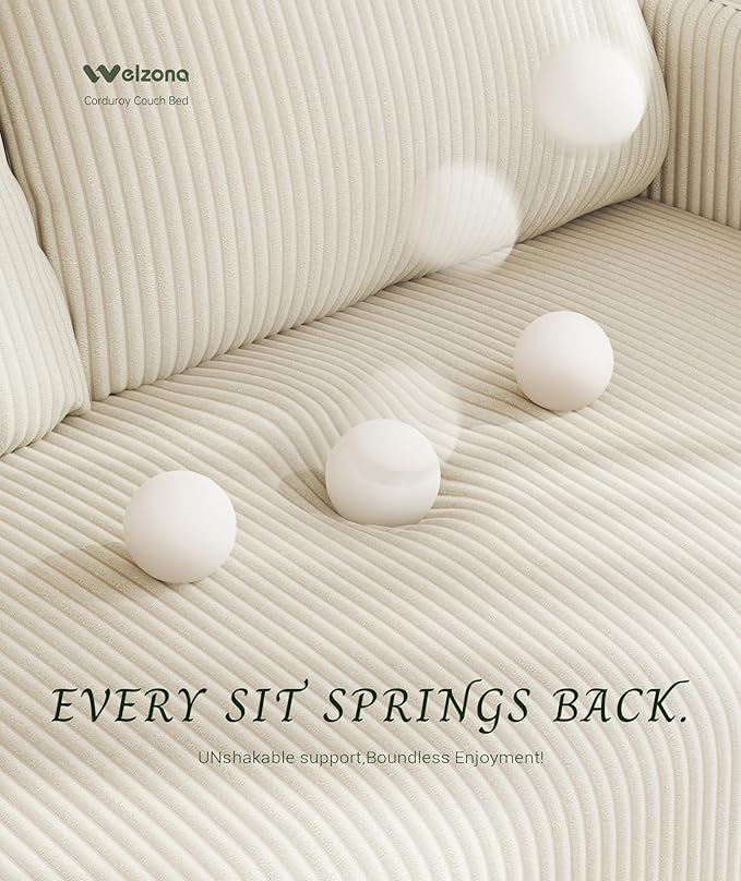 Welzona 47.2" Convertible Sofa Bed Couch, Comfy Corduroy Loveseat Sleeper Sofa, 620lbs Capacity Couch Bed, Easy Setup Love Seat Sleeper Bed 2 Pillows, Small Couches for Living Room/Office, Beige White