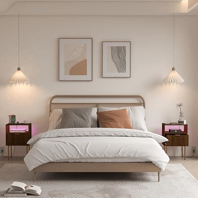 JOONEE Nightstand with Outlet and Led Light, Bedside Table with Storage Drawer, Fluted Side Table for Living Room, Bedroom