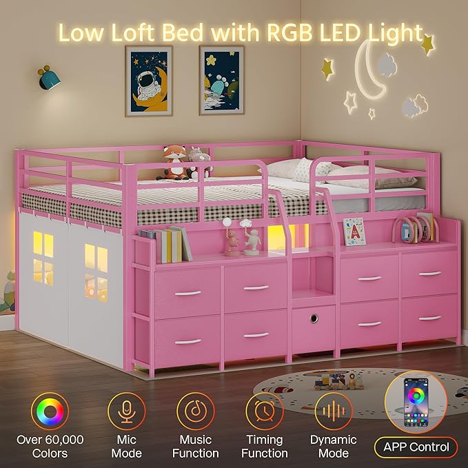 Dnxao Low Loft Bed Full Size with 9 Drawers and 2 Bookcases, Full Size Loft Bed with Charging Station & LED Lights, 15" H Safety Guardrail Metal, Under-Bed Play Space,Pink