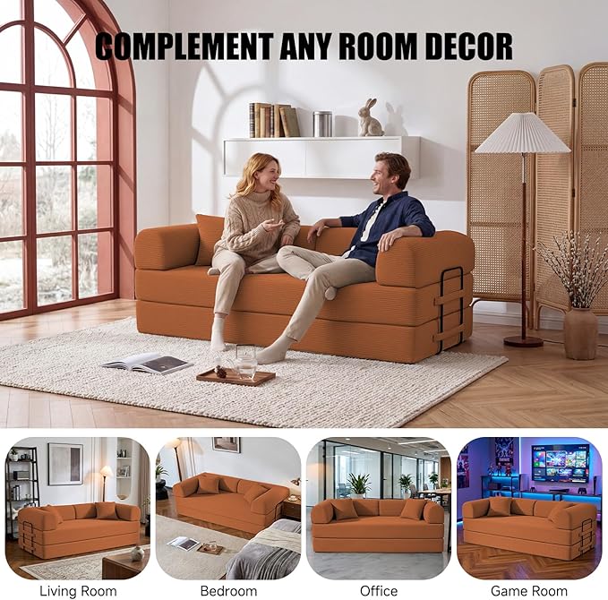 79" Compressed Sofa, Convertible Sofa Bed, Corduroy Compression Boneless Couch with Pillow, Comfy Modular Foldable Floor Sleeper Sofa for Bedroom, Living Room, Lounge, Studio (Orange)