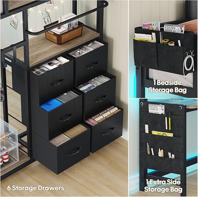 BYSAUD Full Size Loft Bed, Loft Bed with Desk, Full Loft Bed, 6 Storage Drawers & 4 Storage Shelves & 2 Storage Bags, LED Lights & Charging Station, Safety Guard & Ladder, Noise Free, Oak Gray