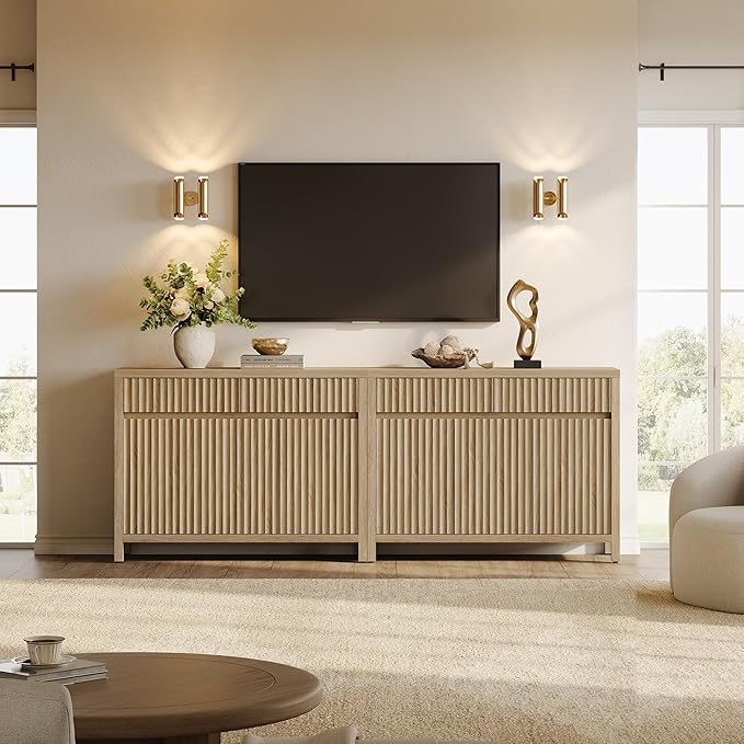 SICOTAS 42" Fluted Buffet Cabinet with Storage - Mid Century Modern Sideboard with 2 Drawers & 3 Doors, Large Coffee Bar Console Table with Adjustable Shelves for Living Room, Kitchen, Hallway