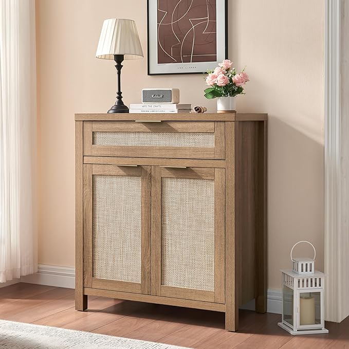 HOKYHOKY Rattan Sideboard Buffet Cabinet Set of 3, Boho Storage Cabinet with Adjustable Shelves, Farmhouse Credenza Coffee Bar Table with Doors & Drawer for Living Room, Hallway & Kitchen