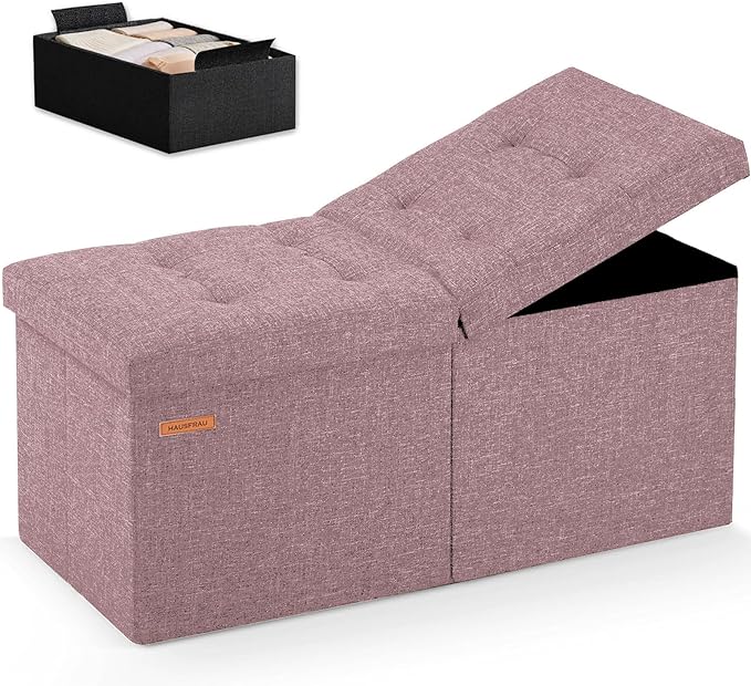 HAUSFRAU 31.5 Inches Ottoman with Storage Bench, Folding Ottoman Bench Small Foot Rest Stool, Bedroom Bench with Flipping Lid, Linen Nude