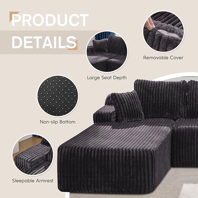 Hobestluk Modular Sectional Sofa Boneless Couch L-Shape Couch 3 Seat Modular Couch Memory Foam Sectional Couches for Living Room Furniture, Cloud Couch with Oversized Chaise (108" Left Facing Chaise)