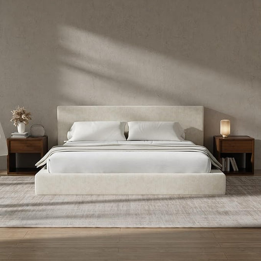 RECCI AirFrame King Size Bed Frame with Headboard, Cloud Upholstered Platform Bed Frame, 5 Inch Foam Cushioned, No Box Spring, Easy Assembly(Beige Chenille)