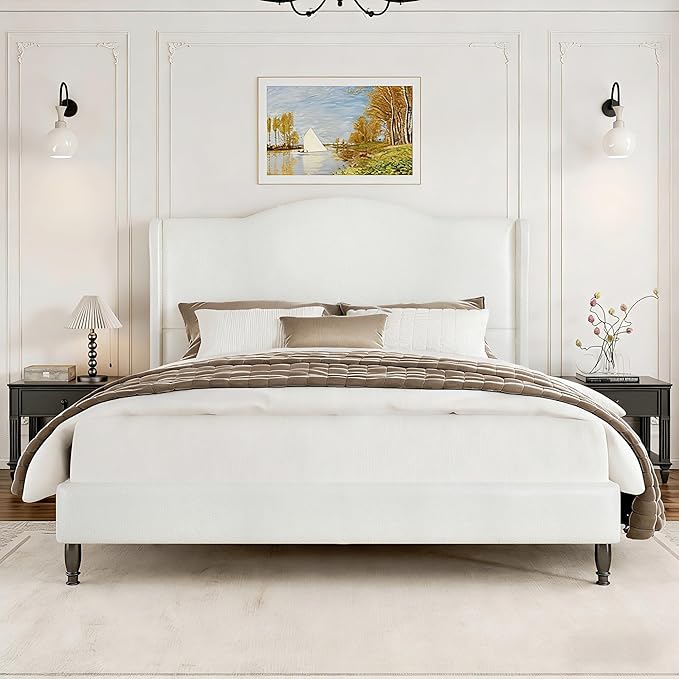 Upholstered Queen Bed Frame with Tall Headboard, Leather Platform Bed Frame with Wingback Sides, Wood Slats Support, Noise-Free Design, No Box Spring Needed, Easy Assembly, White
