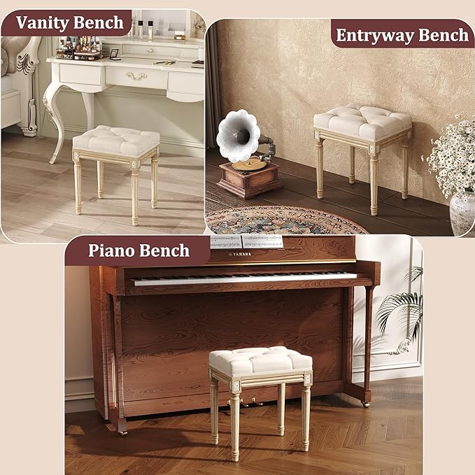 Yusong Vanity Stool Upholstered Bench Seat for Makeup Room, Vintage Small Bedroom Bench Dining Bench with Tufted Fabric for Living Room, Piano Stool with Rustic Wood, Easy Assemble,Beige