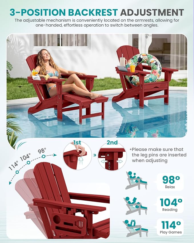 SERWALL Folding Adjustable Adirondack Chairs with Footrest Set of 2, HDPE Outdoor Chair with 4-in-1 Cup Holders, All Weather Adirondack Chair with Ottoman, Red