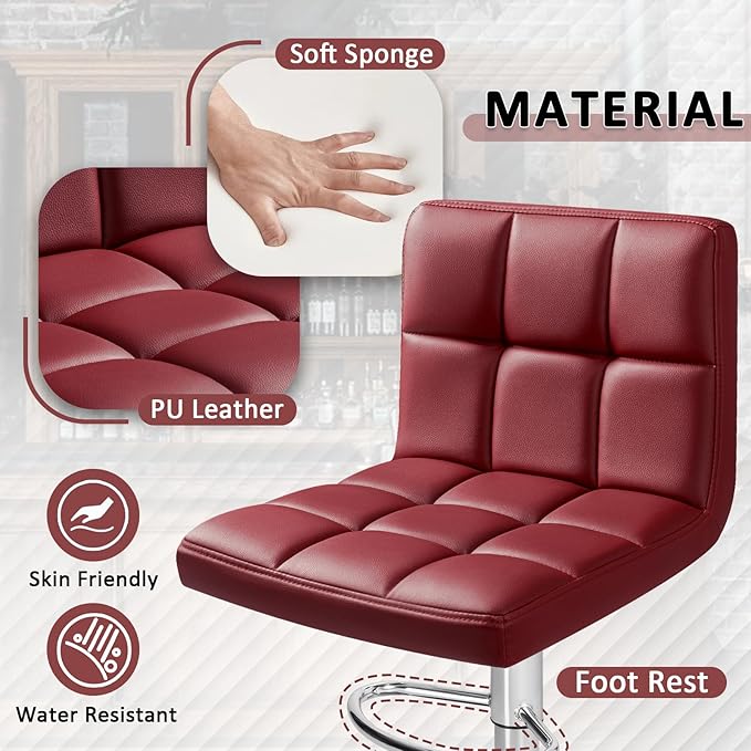 Homall Bar Stools Modern PU Leather Adjustable Swivel Barstools, Armless Hydraulic Kitchen Counter Bar Stool Extra Height Square Island Barstool with Back Set of 2 (Wine Red)