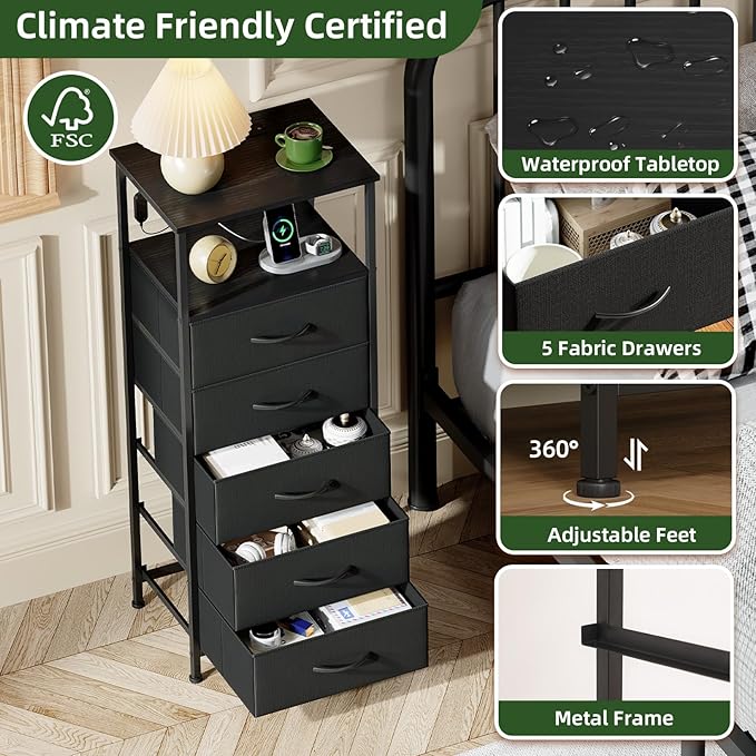 Somdot Black Nightstand with Charging Station and LED Light for Bedroom, Tall 5 Drawers Dresser with Fabric Bins for Bedside Kids Dorm Room Closet Laundry Entryway, Black