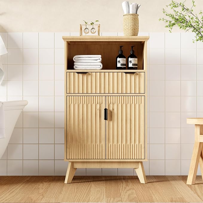 Fatmok Buffet Cabinet with Storage, 40" Modern Fluted Coffee Bar Cabinet with Drawer & Open Shelf, Wood Buffet Sideboard Console Table for Entryway, Kitchen, Living Room (Natural Wood)