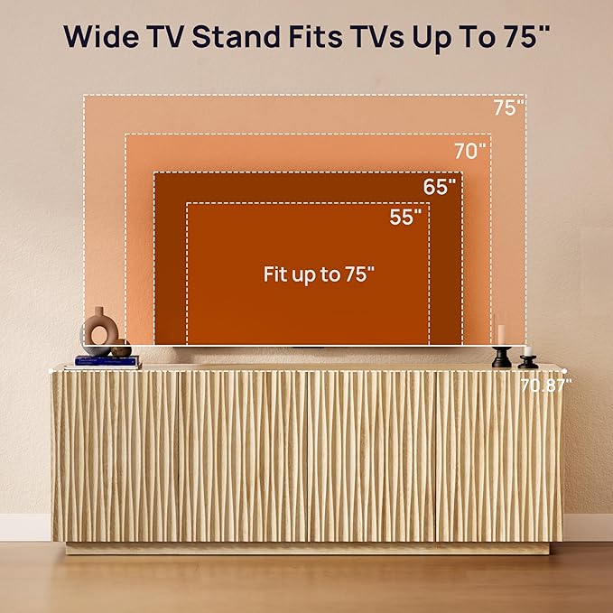 70" Fluted TV Stand for TVs Up to 50/55/65/75", Mid-Century Modern Entertainment Center for Living Room, Tall Sideboard & Storage Cabinet Wavy Media & TV Console, 8 Cable Holes&Soft-Close, Natural Oak