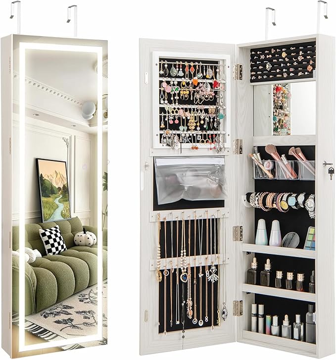 CHARMAID LED Mirror Jewelry Cabinet, 47.2'' Jewelry Armoire with Adjustable Lighted Full Length Mirror, Wall Mounted or Door Hanging, Lockable Jewelry Organizer Storage (Grayish White, 47.2''H)