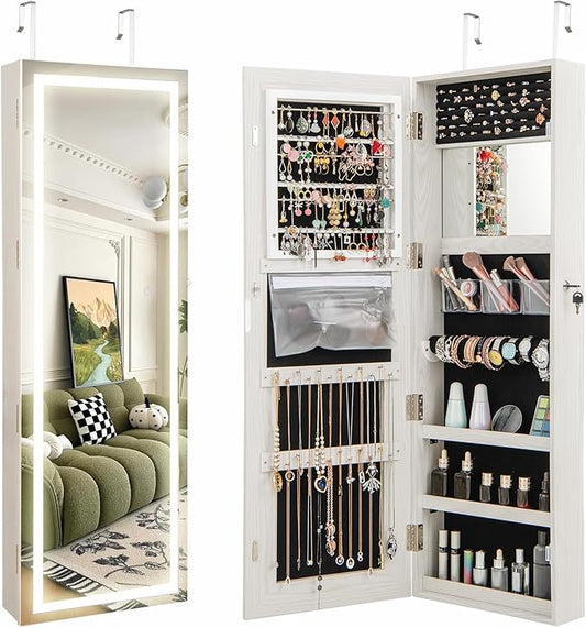 CHARMAID LED Mirror Jewelry Cabinet, 47.2'' Jewelry Armoire with Adjustable Lighted Full Length Mirror, Wall Mounted or Door Hanging, Lockable Jewelry Organizer Storage (Grayish White, 47.2''H)