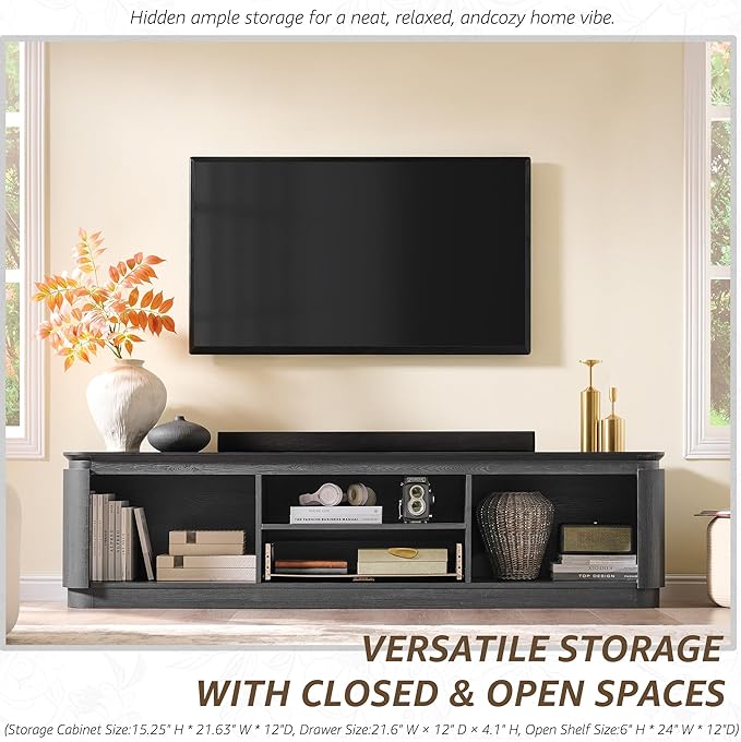 70" Fluted TV Stand for TVs Up to 80", Mid Century Modern Entertainment Center with Drawer, Storage Cabinet, Open Shelf, Wood Low Profile Media TV Console for Livingroom, Black