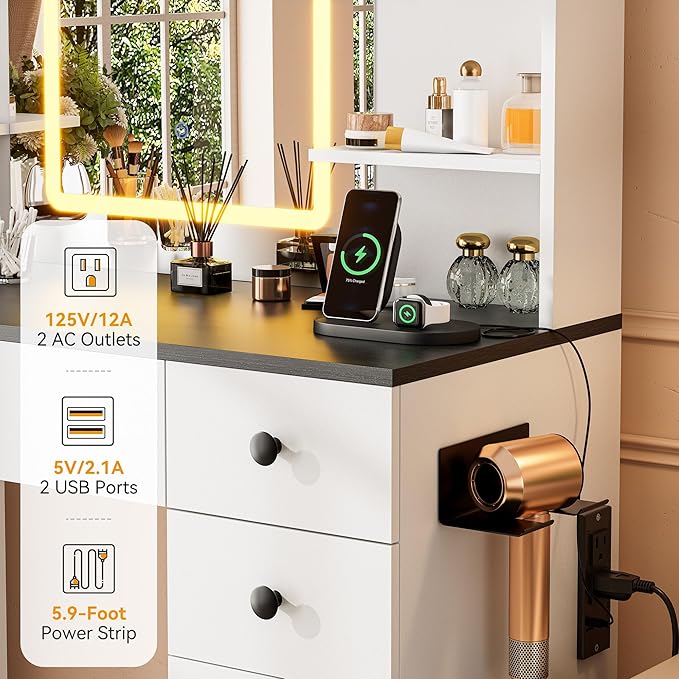 KAMABOKO Vanity Desk with Mirror and Lights, Makeup Vanity Table with Drawers & Shelves, Power Outlet, Dressing Table with Jewelry Storage for Bedroom (051 Black)