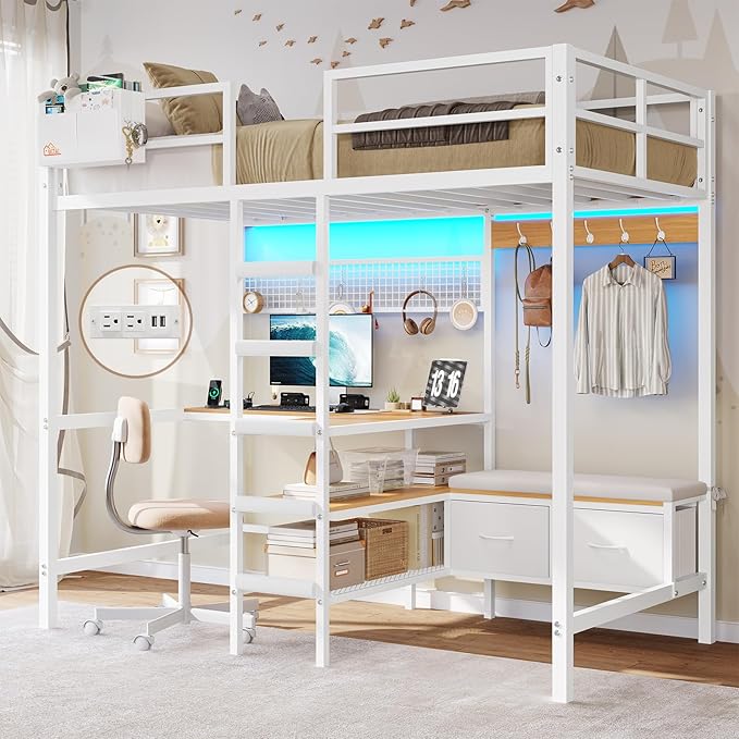 DICTAC Twin Loft Bed with L-Shaped Desk, Storage Shelves and Charging Station Twin Size Metal Loft Bed with LED Lights and Coat Rack with 2 Storage Drawers,Top Bunk with Safety Guard & Stair, White