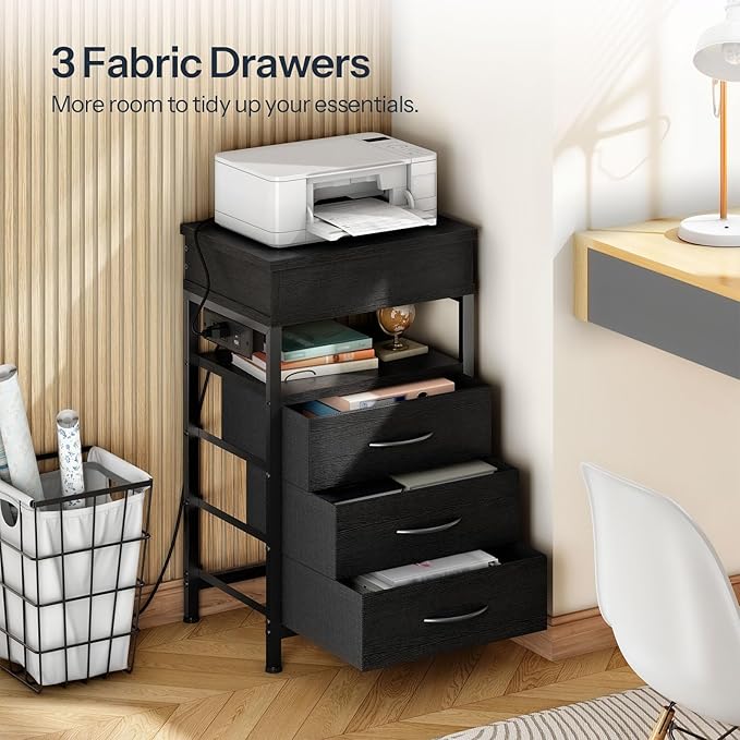HOOBRO Nightstand with Charging Station, Bedside Table with Fabric Drawers, End Table with Lockable Hidden Compartment, 2 AC Outlets, 1 USB-A, 1 Type-C, for Bedroom, Black BB143UBZ01