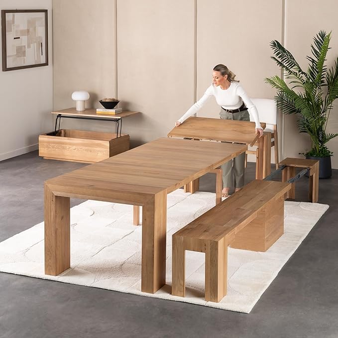Transformer Table - Solid Wood Extendable Dining Table, Seats 2-12, Expandable Dining Room Table, Space-Saving Furniture, Kitchen and Dining Room Furniture (Natural, Table + Bench + Coffee Table)