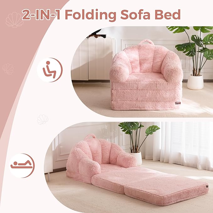 MAXYOYO Folding Sofa Bed, 2 in 1 Convertible Sofa to Lounger Comfy Single Bean Bag Chair for Adults, Floor Sleeper Couch with Handle, Faux Fur Couch Bed for Living Room Bedroom, Pink