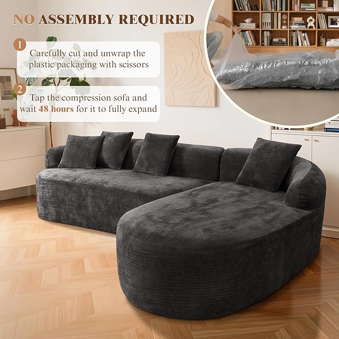 99" Curved Sectional Sofa with Chaise, Modern Boneless Couch with Deep Seat, L Shaped 3-Seater Cloud Couch for Living Room, No Assembly Needed, Chenille (Black, Right Chaise+Left Sofa)