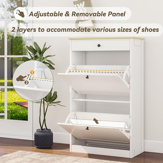 FTZxHKLX Shoe Cabinet with 2 Flip Drawers, Slim Wooden Hidden Shoe Organizer with Drawer, Pet-Proof Narrow Shoe Storage Cabinet for Entryway Living Room Behind The Door