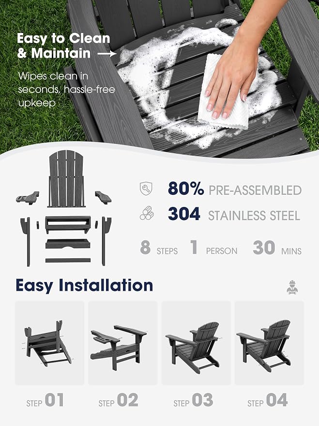 KINGYES Folding Adjustable Adirondack Chair with Ottoman & 2 Cup Holders Set of 2, HDPE Adirondack Recliner Chair with Footrest, Grey