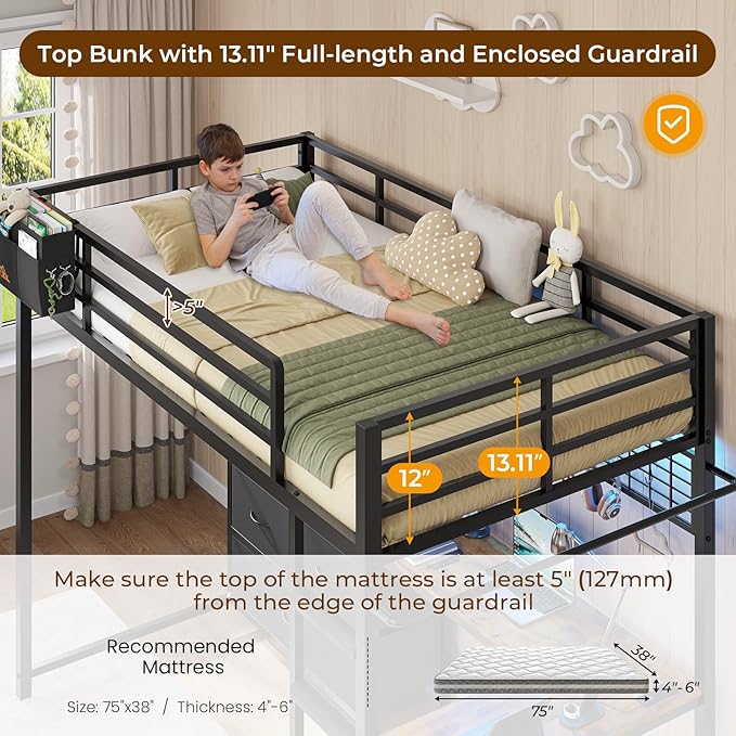 DICTAC Twin Loft Bed with L-Shaped Desk and 7 Storage Drawers,Metal Twin Size Loft Bed for Kids with LED Lights and Charging Station,13.11" H Safety Guardrail and Ladder,No Box Spring Needed, Black