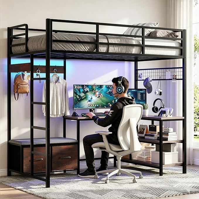 Vabches Twin Size Loft Bed with L-Shaped Desk, LED Lights, Charging Station, Loft Bed Frame with with Storage Drawers,Coat Rack, Safety Guardrail & Ladder, Rustic Brown