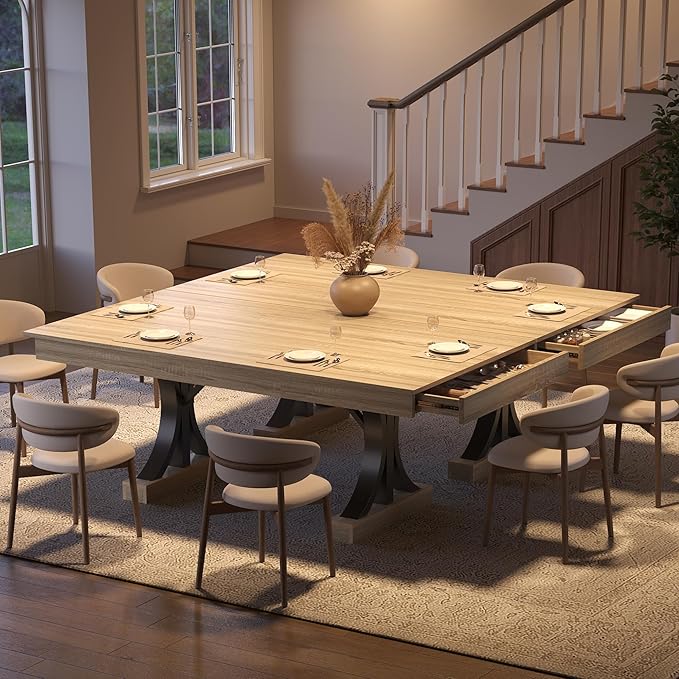 Garvee 71-Inch Dining Table with 2 Drawers,Rectangular Dining Table for 6-8 with Double Pedestal & Sturdy Frame, Industrial Wooden Kitchen Table with Large Tabletop, for Dinner, Natural